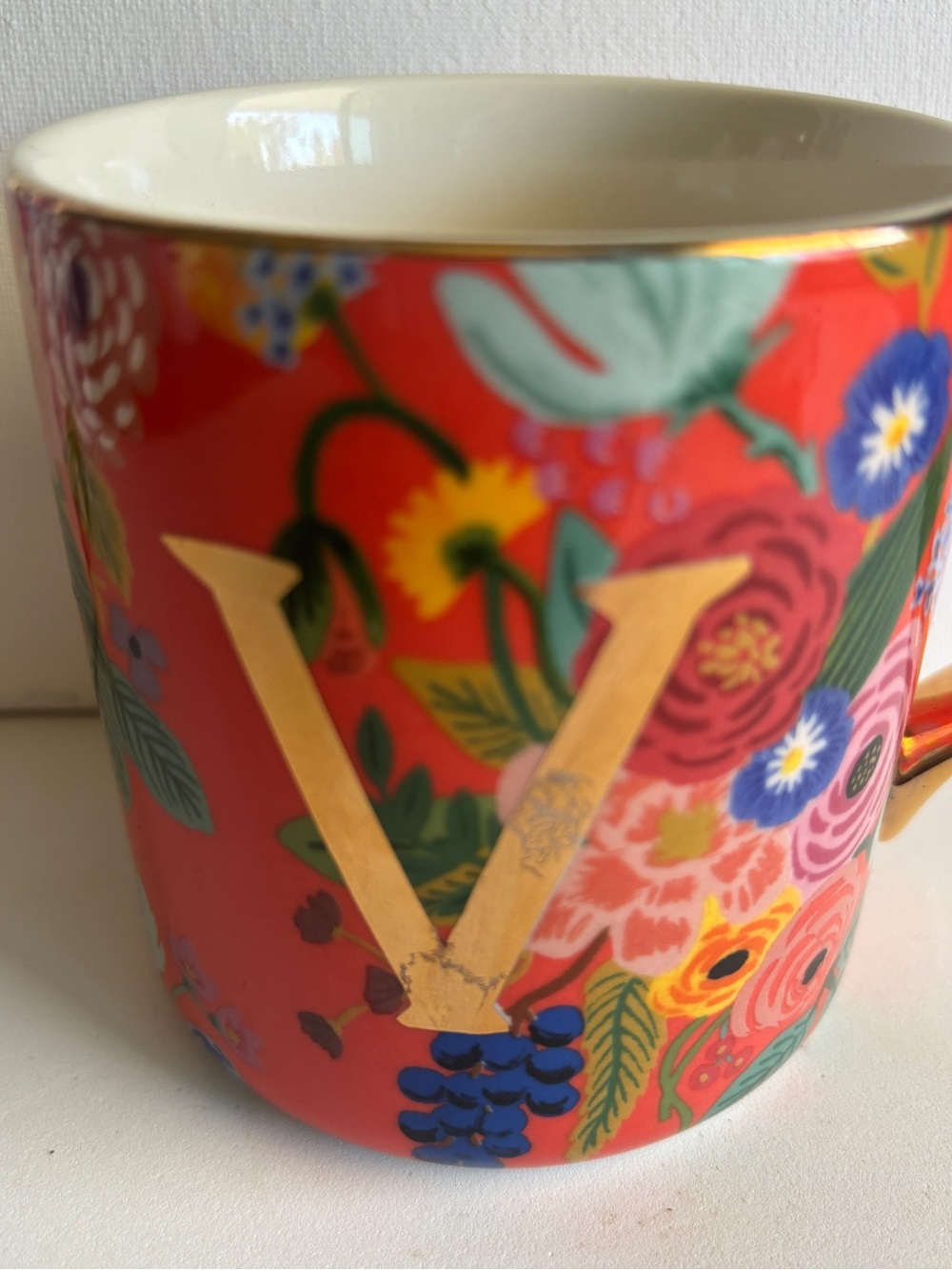 Rifle Paper Co. Floral Ceramic Mug with Red and Gold Accents